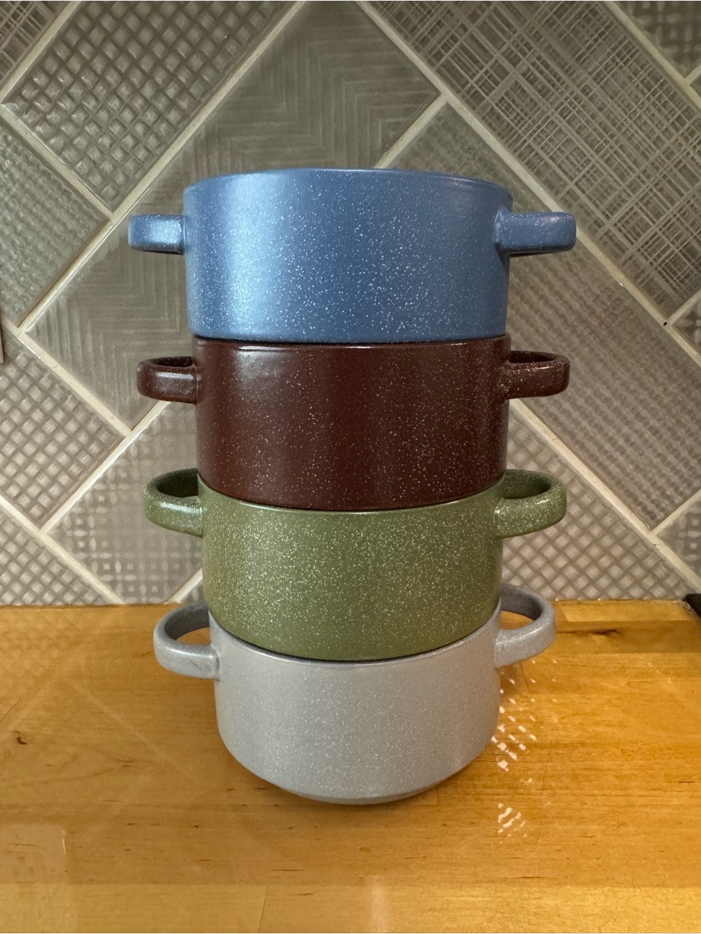 Stackable Speckled Ceramic-Look Cooking Pots - Blue, Brown, Green, Gray